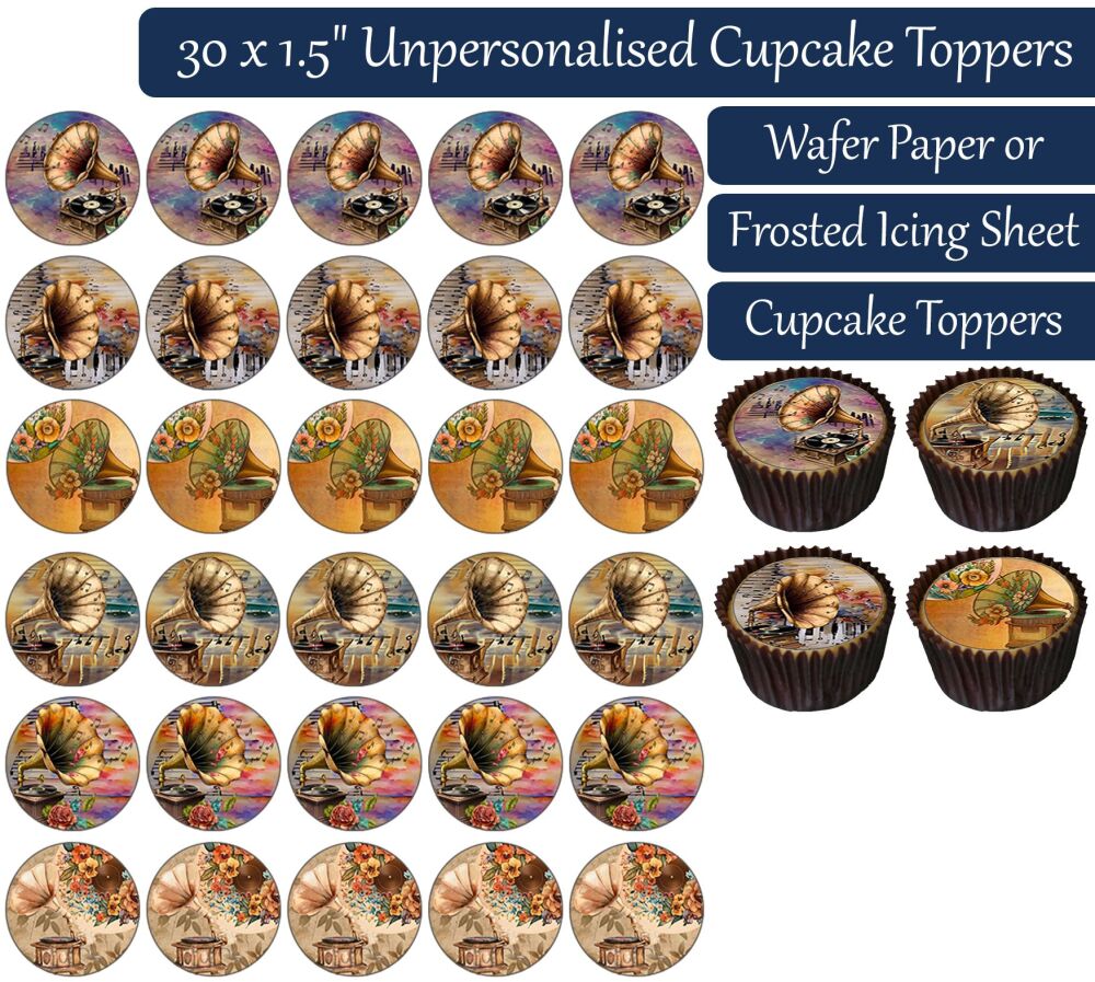 Vintage Gramophone Vinyl Record - 30 Cupcake Toppers