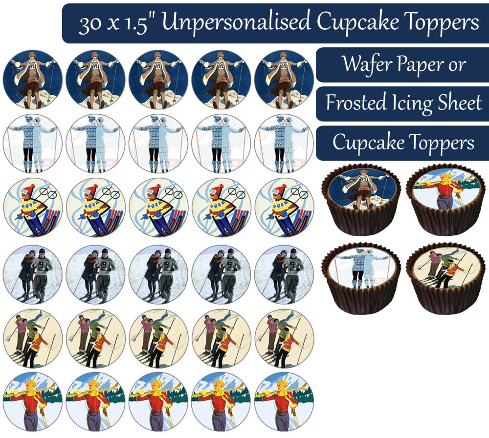 Vintage Skiing - 30 Cupcake Toppers