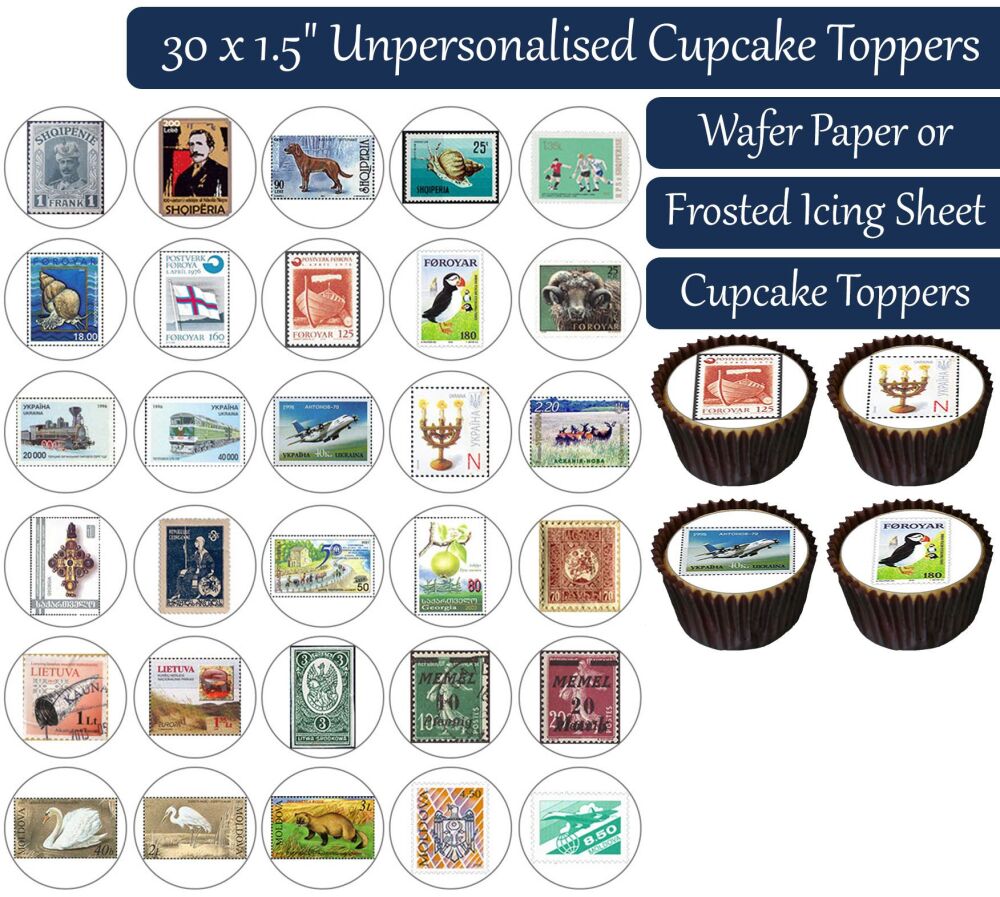 Vintage Stamps - 30 Cupcake Toppers