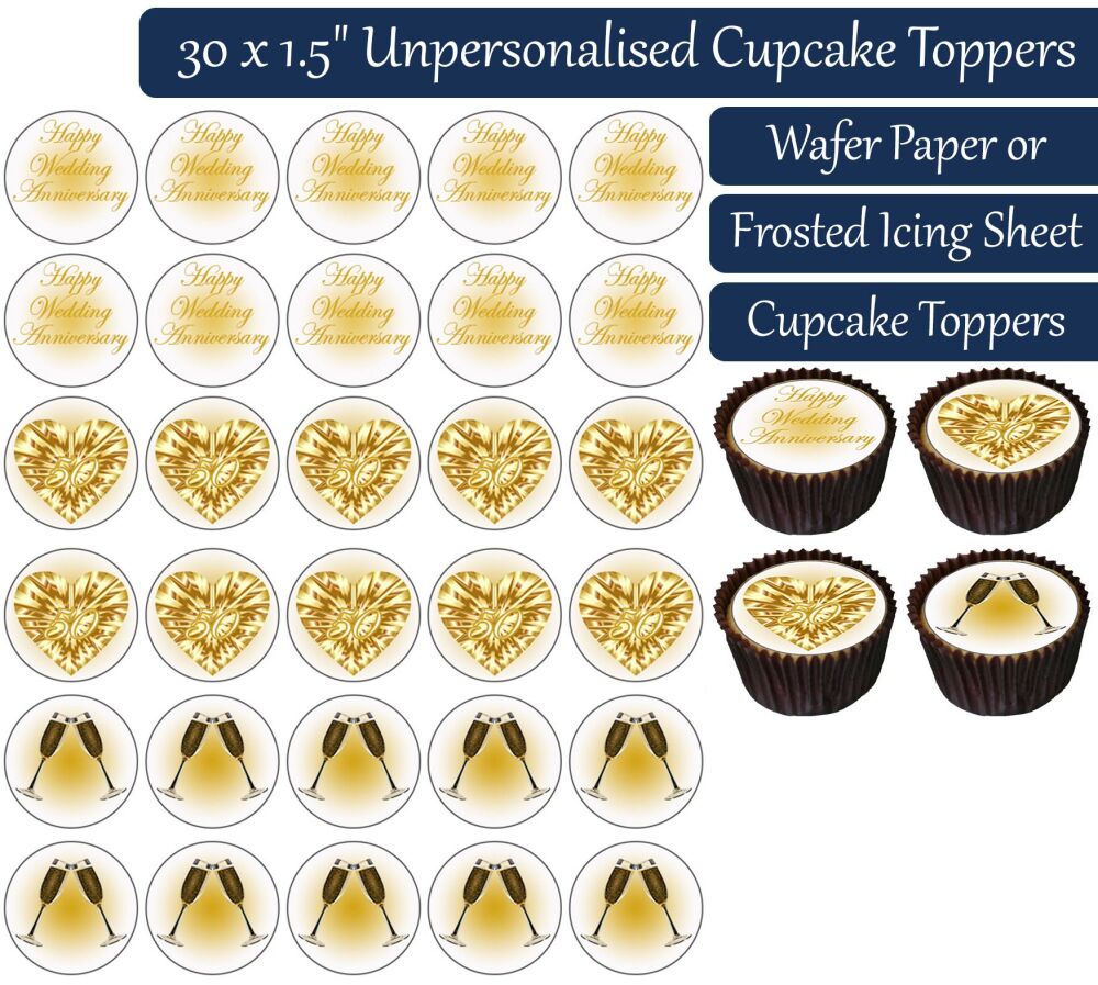 Wedding Anniversary - Gold / Golden - 30 Cupcake Toppers