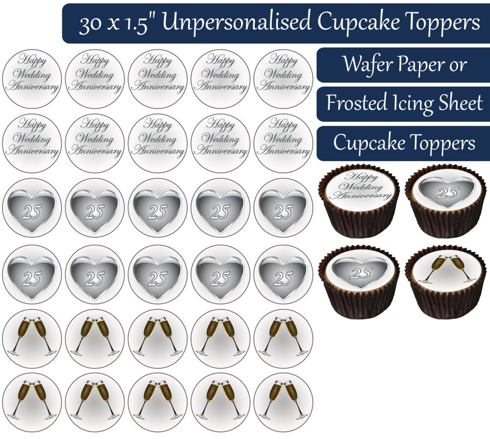 Wedding Anniversary - Silver - 30 Cupcake Toppers