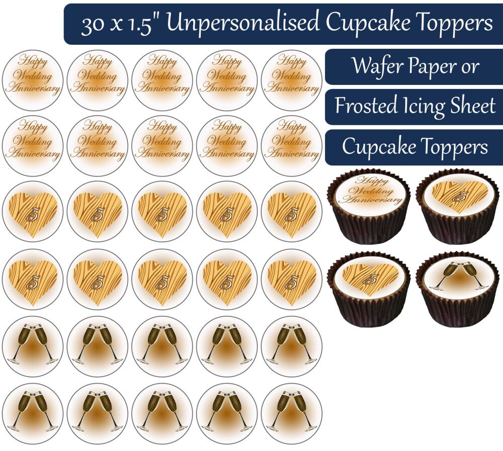 Wedding Anniversary - Wood - 30 Cupcake Toppers