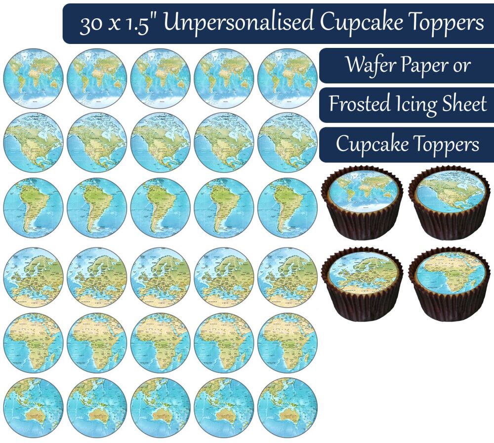 World Map - 30 Cupcake Toppers