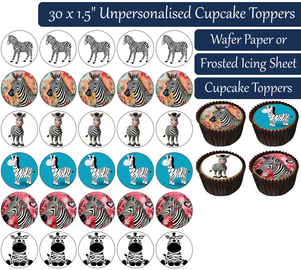Zebra Cartoon - 30 Cupcake Toppers