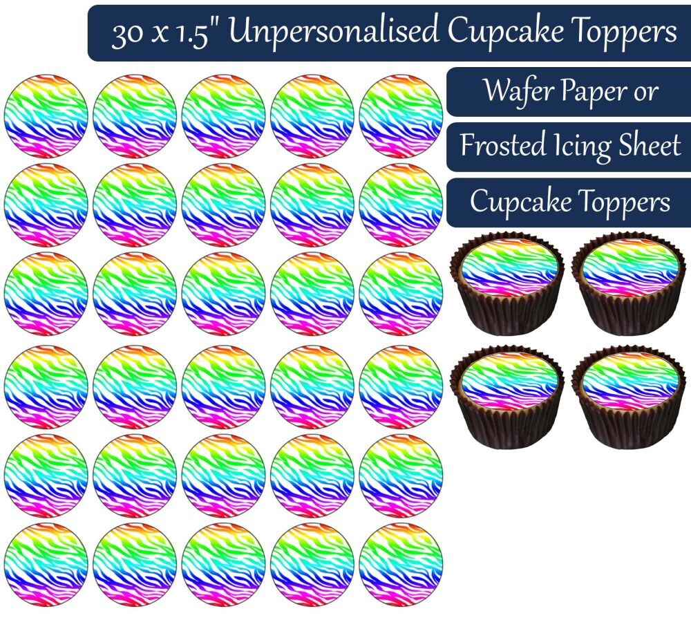 Zebra Print - Rainbow - 30 Cupcake Toppers