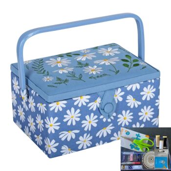 DENIM DAISIES EMBROIDERED SEWING BASKET with Optional Sewing Accessory Kit