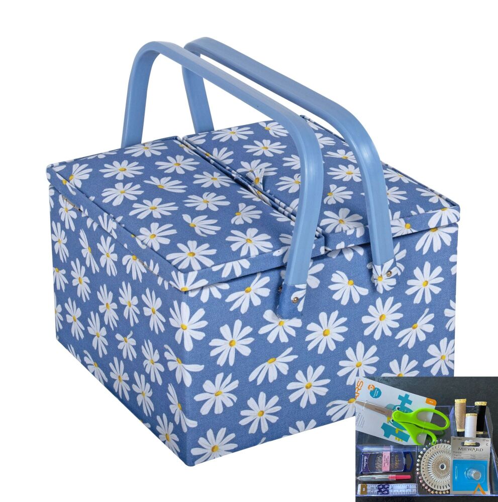 DENIM DAISIES TWIN LID SEWING BASKET with Optional Sewing Accessory Kit