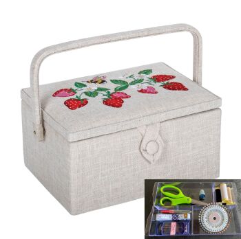 STRAWBERRIES EMBROIDERED SEWING BASKET with Optional Sewing Accessory Kit