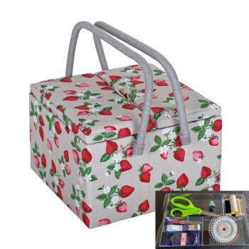 STRAWBERRIES TWIN LID SEWING BASKET with Optional Sewing Accessory Kit