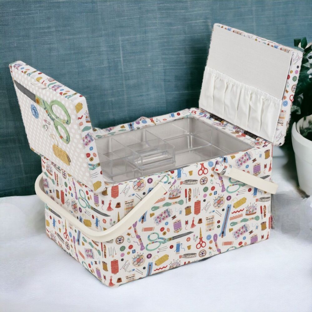 EMBROIDERED HABY NOTIONS LARGE TWIN LID SEWING BASKET