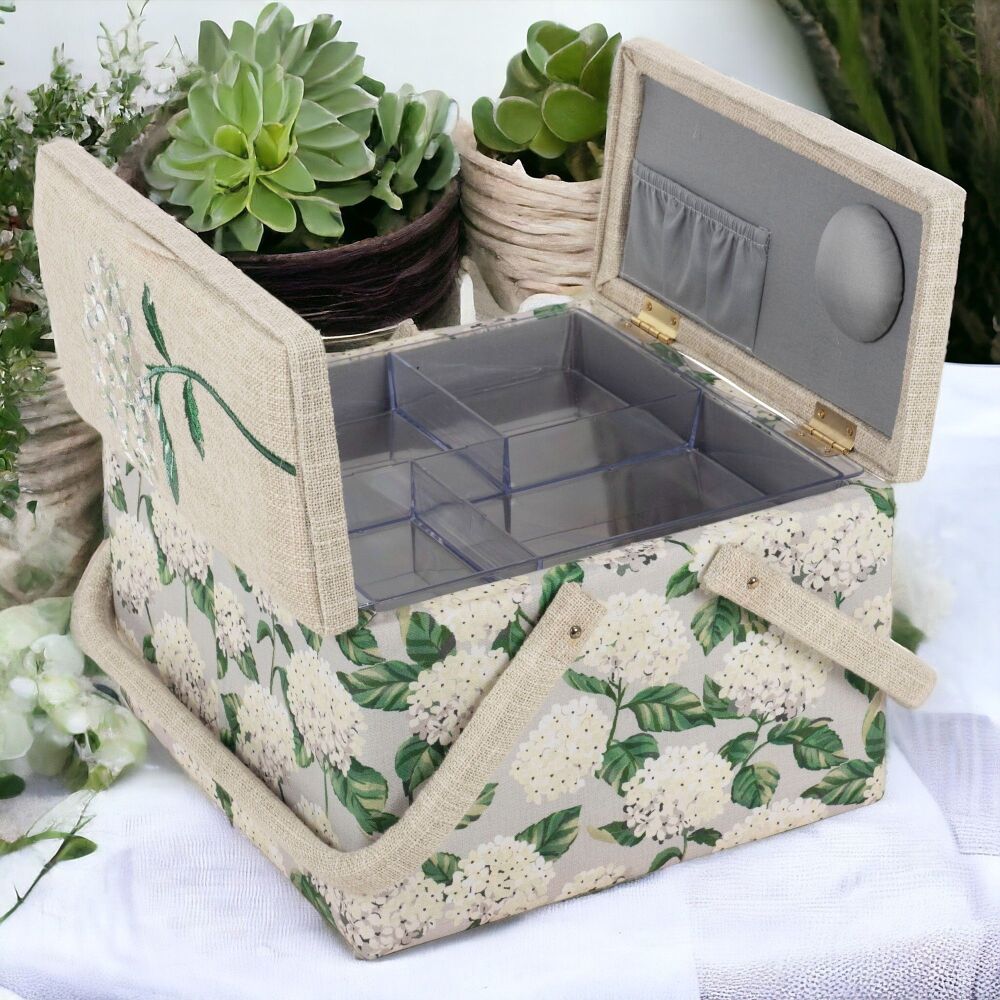 HYDRANGEA SEWING BASKET SQUARE WITH EMBROIDERED TWIN LID with optional sewing kit