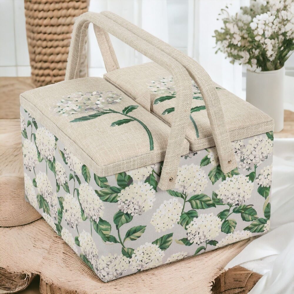 HYDRANGEA SEWING BASKET SQUARE WITH EMBROIDERED TWIN LID with optional sewi