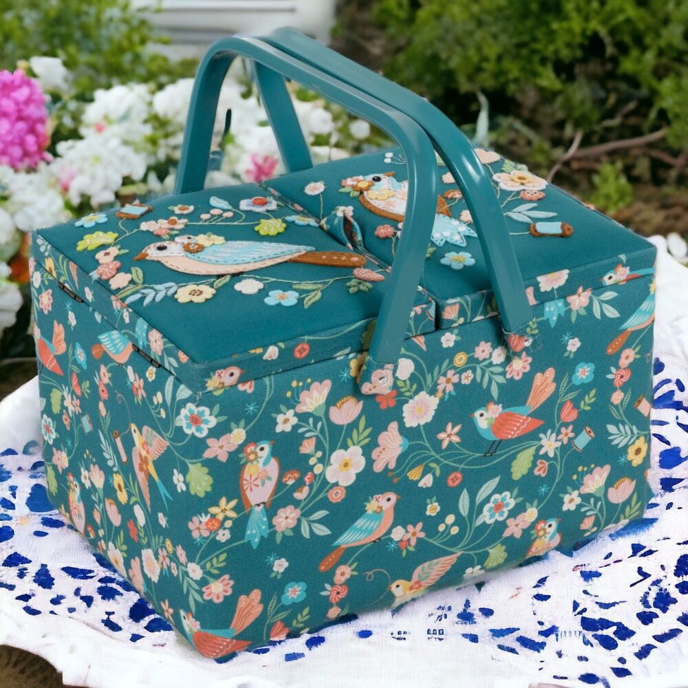 BIRD AVIARY LARGE TWIN LID EMBROIDERED SEWING BASKET