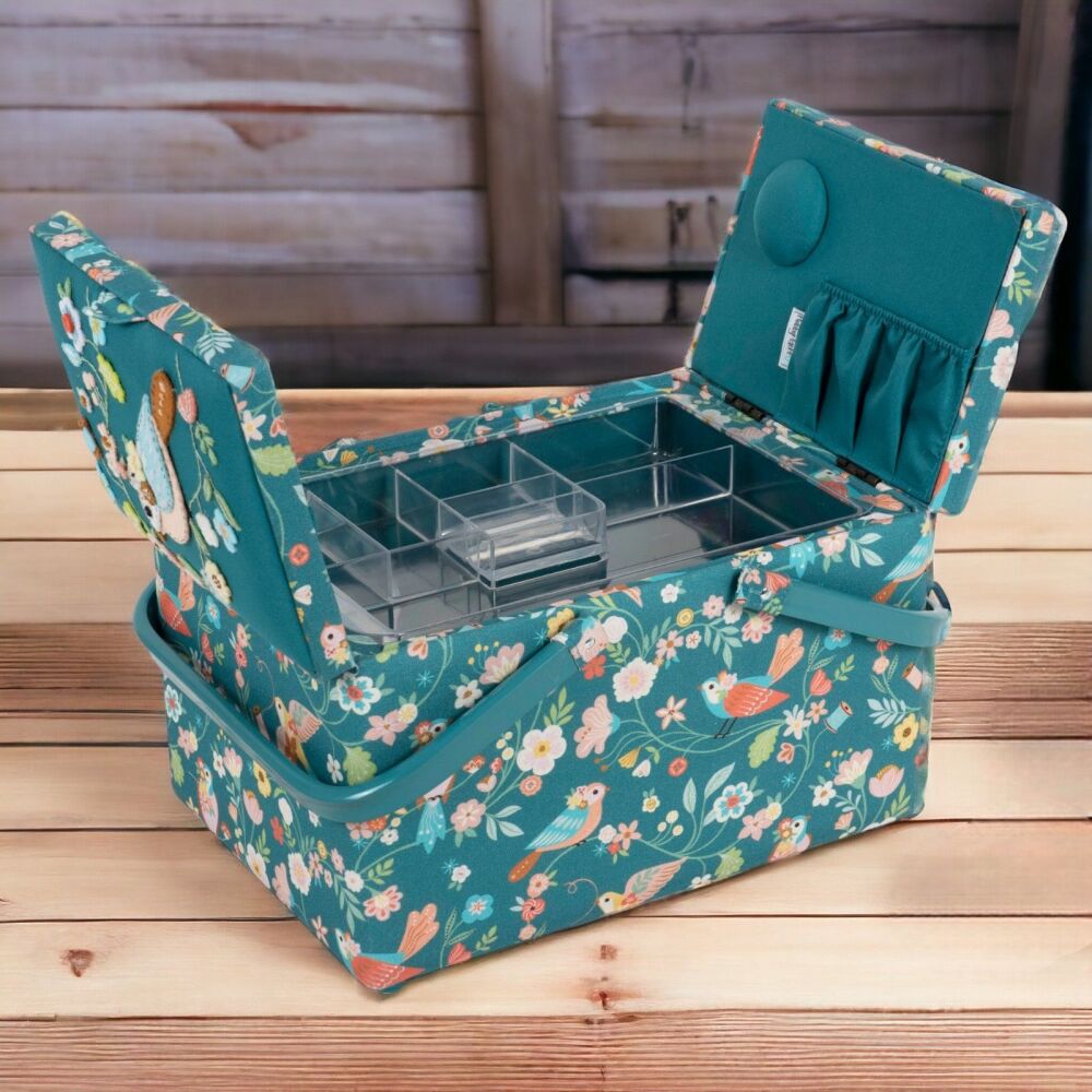 BIRD AVIARY LARGE TWIN LID EMBROIDERED SEWING BASKET