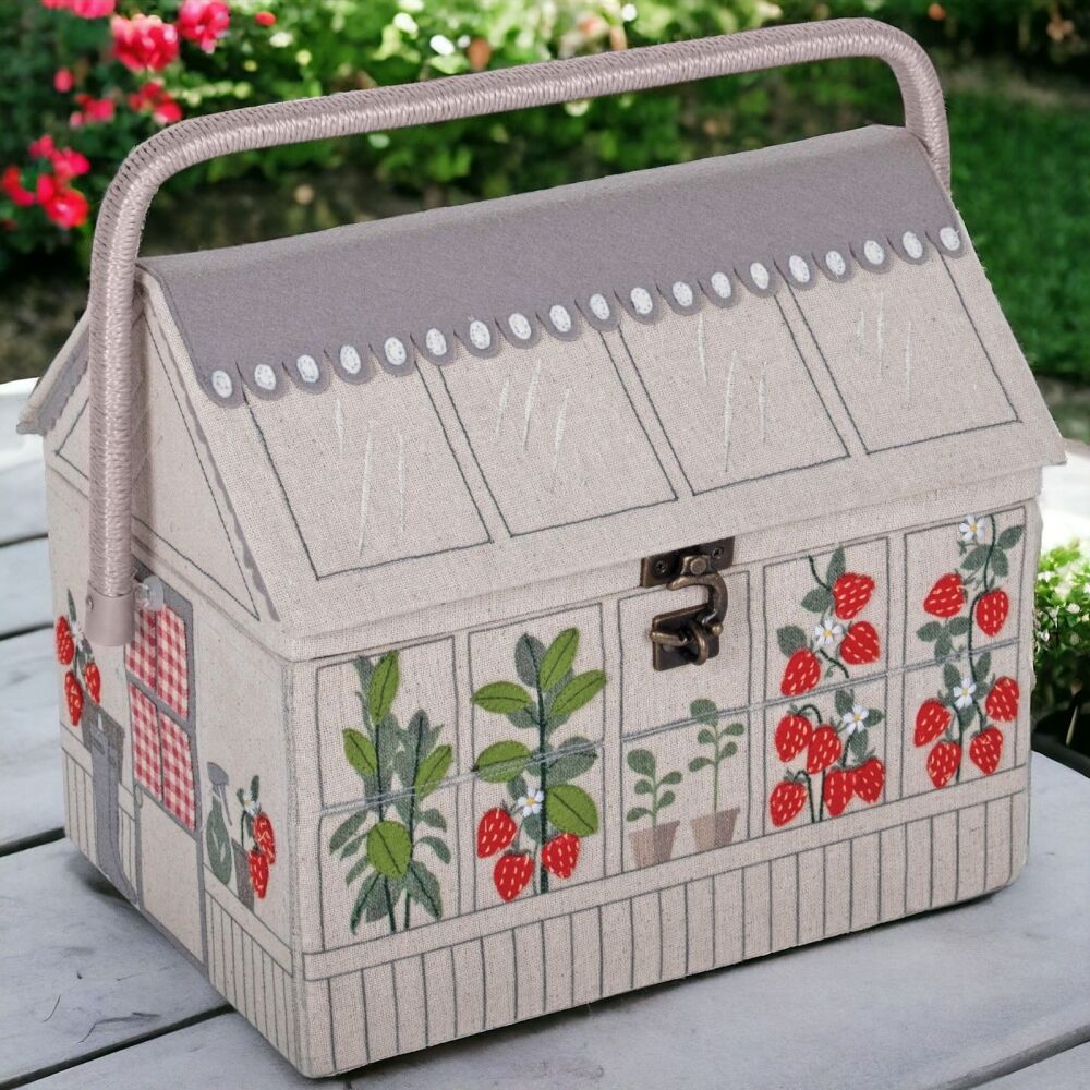 STRAWBERRIES GREENHOUSE SEWING BASKET with Optional Sewing Accessory Kit