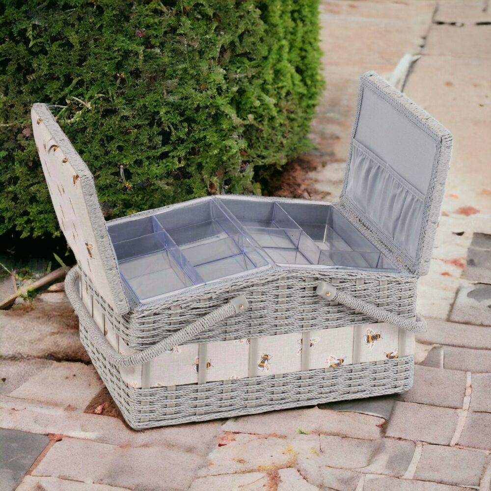 SEWING BASKET BOX  'GREY BEE' DESIGN LARGE WICKER HAMPER STYLE