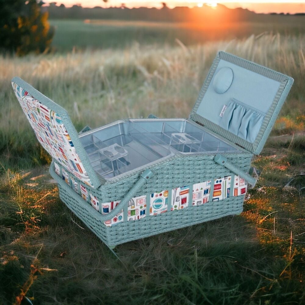 SEWING BASKET BOX  'SEWING NOTIONS' DESIGN LARGE WICKER HAMPER STYLE