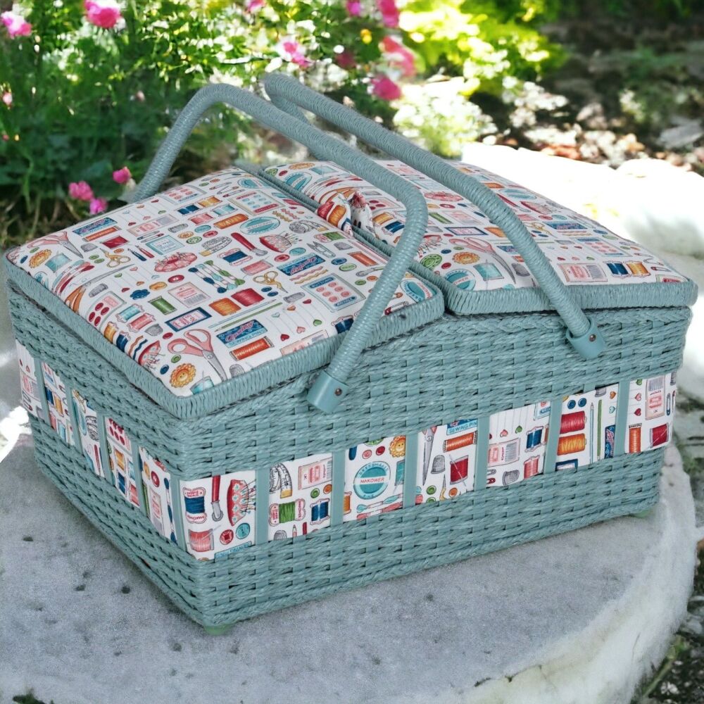 SEWING BASKET BOX  'SEWING NOTIONS' DESIGN LARGE WICKER HAMPER STYLE