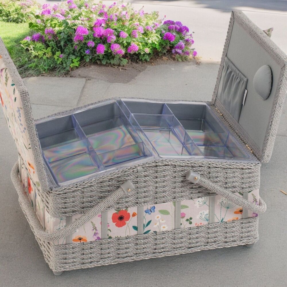 SEWING BASKET BOX  WILDFLOWERS DESIGN LARGE WICKER HAMPER STYLE