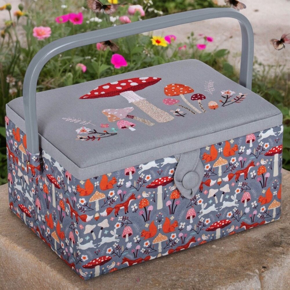 WOODLAND TOADSTOOLS EMBROIDERED SEWING BASKET with Optional Sewing Accessor