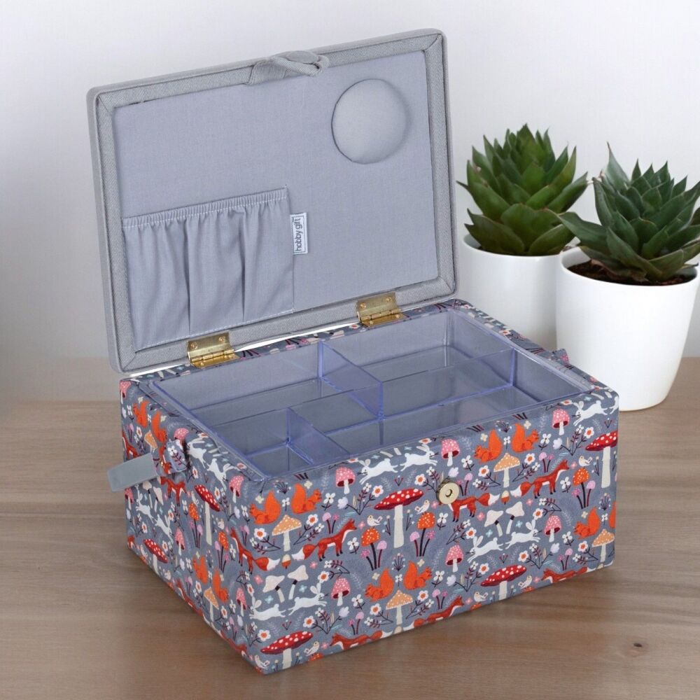 WOODLAND TOADSTOOLS EMBROIDERED SEWING BASKET with Optional Sewing Accessory Kit