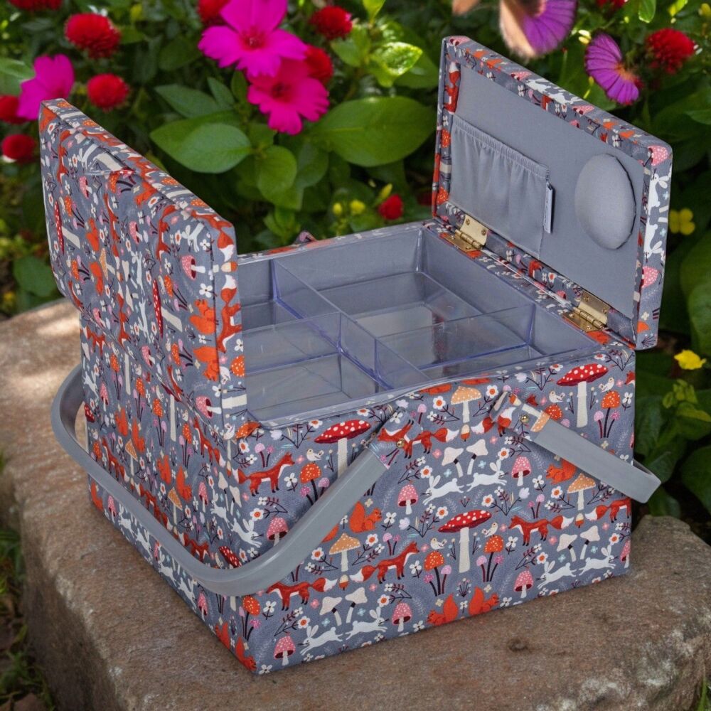 WOODLAND TOADSTOOLS TWIN LID SEWING BASKET with Optional Sewing Accessory Kit