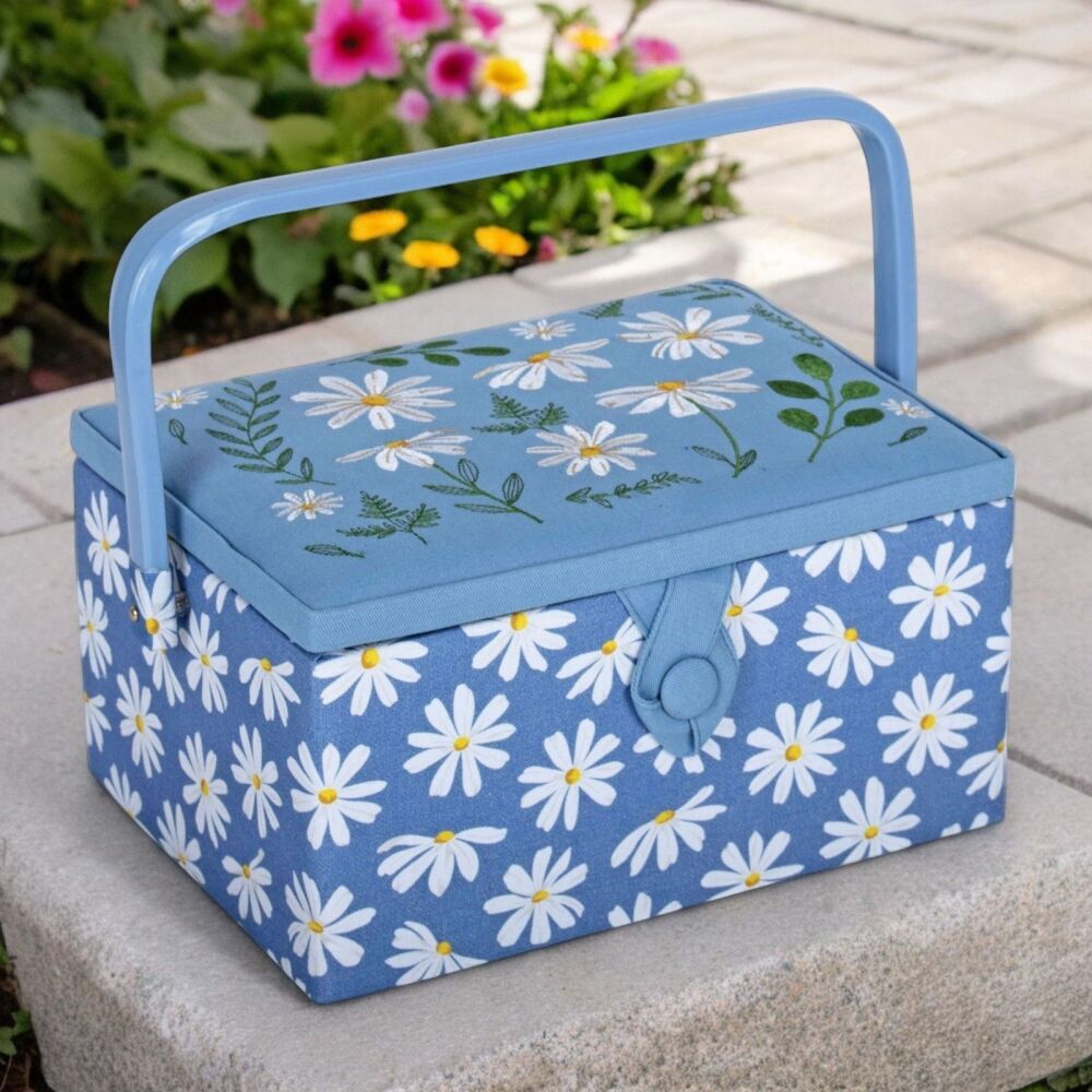 DENIM DAISIES EMBROIDERED SEWING BASKET with Optional Sewing Accessory Kit