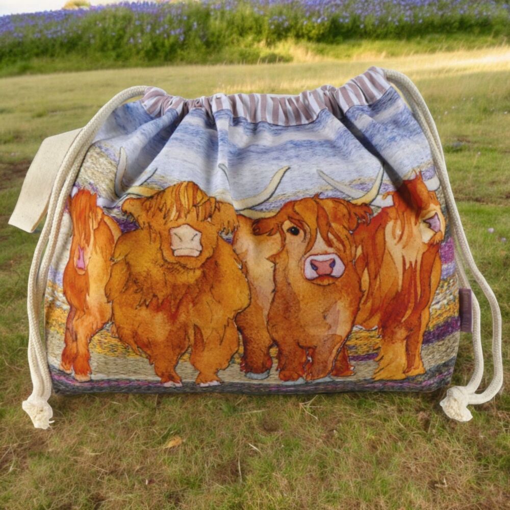 DRAWSTRING KNITTING BAG 'Highland Coos' Design