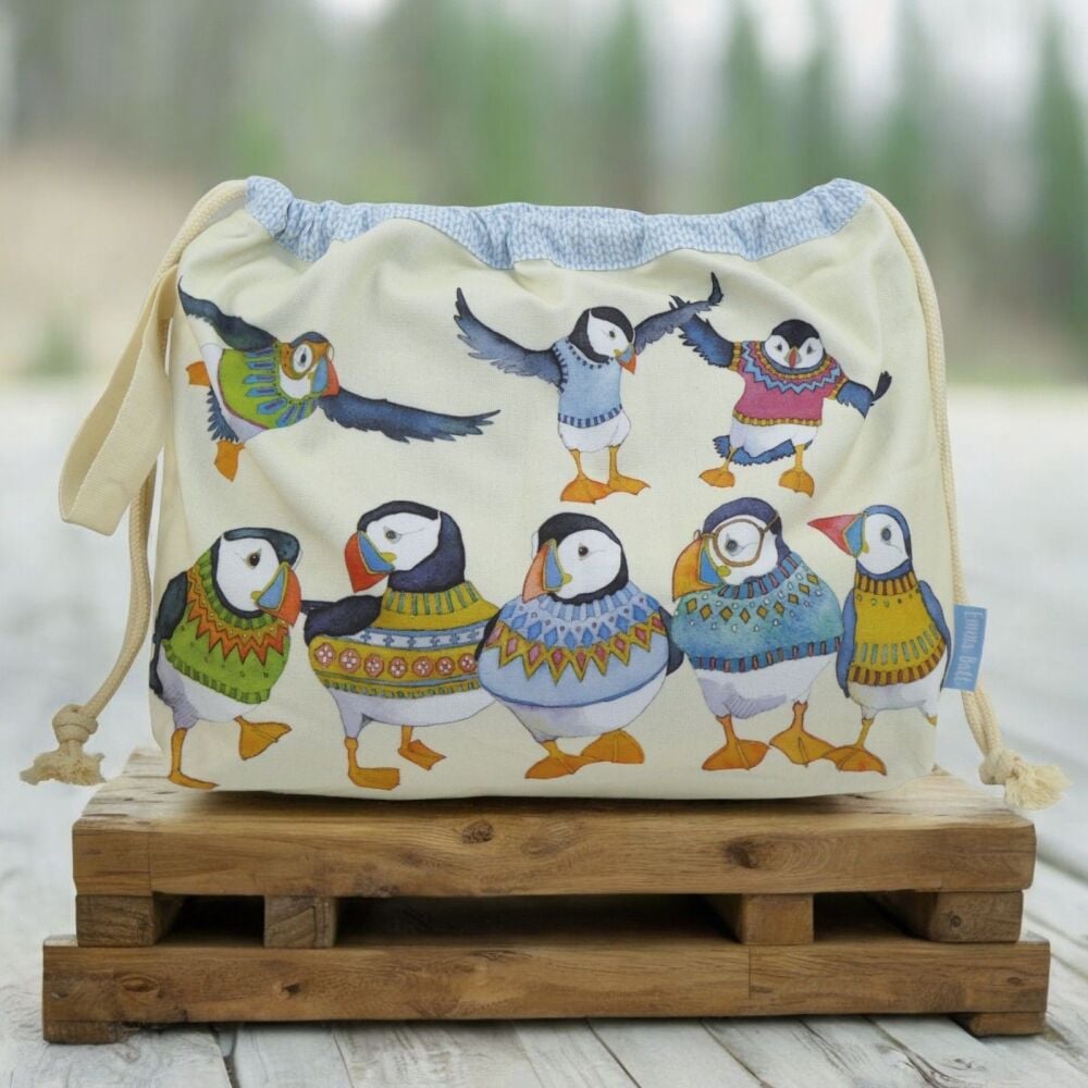 DRAWSTRING KNITTING BAG 'Woolly Puffins' Design