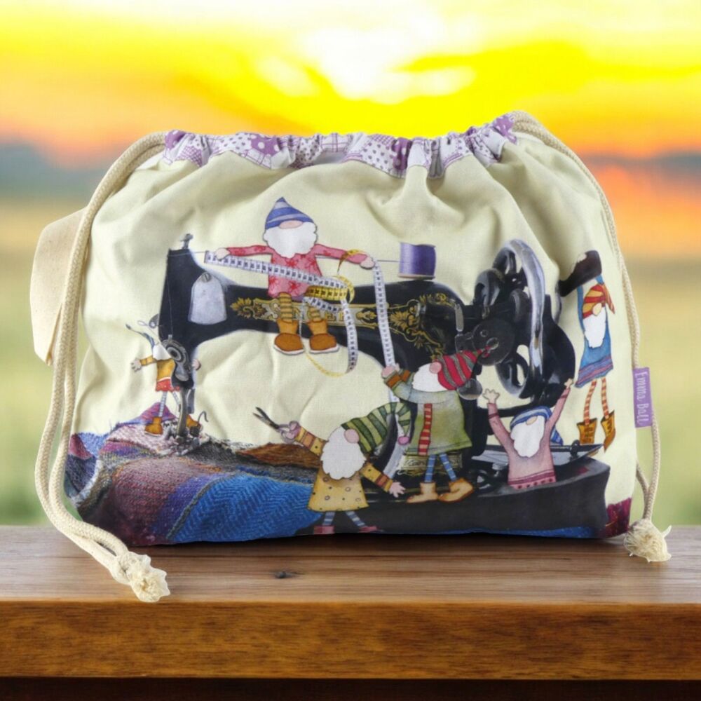 DRAWSTRING KNITTING BAG     'Sewing Gnomes' Design