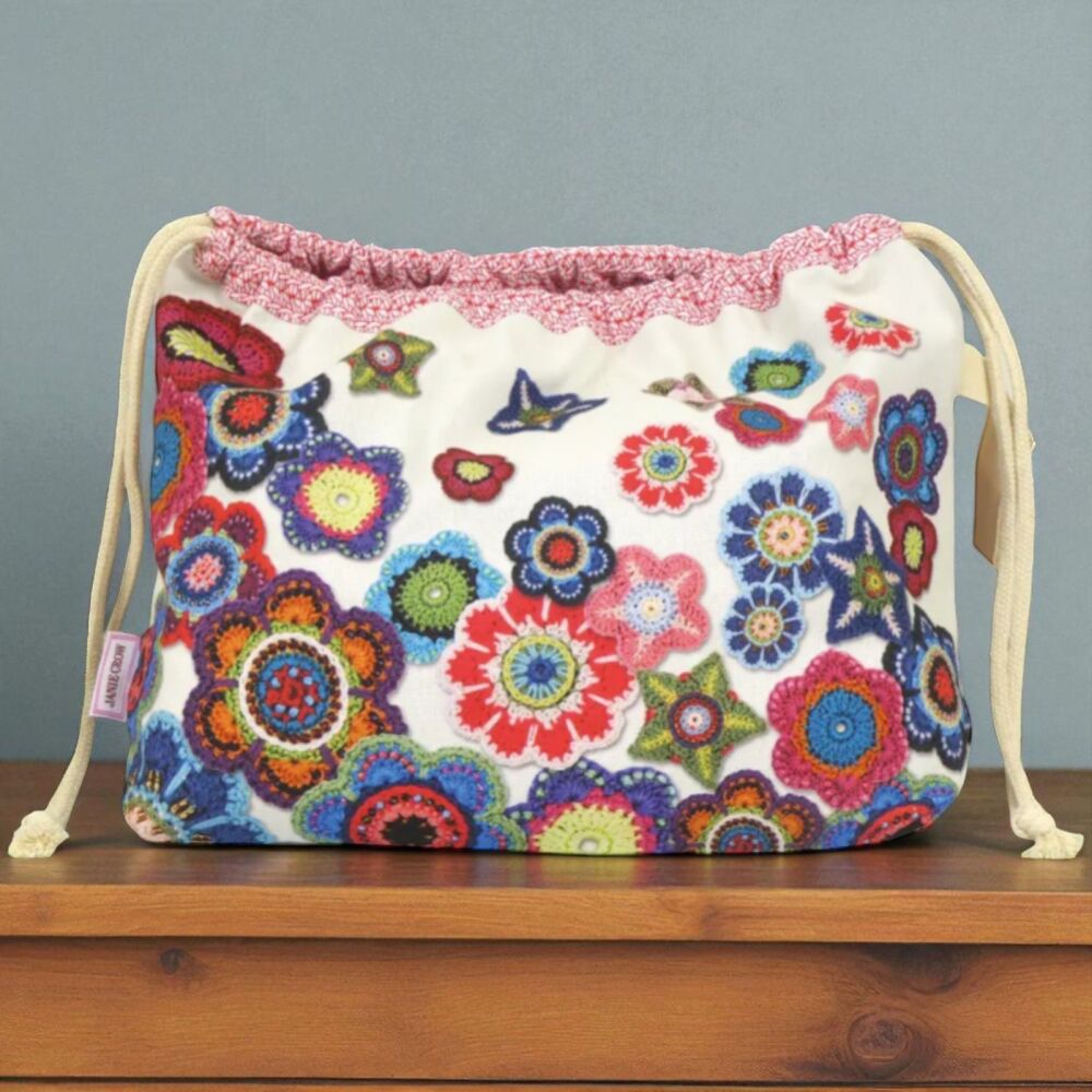 DRAWSTRING KNITTING BAG 'Floral Crochet Motif' Design
