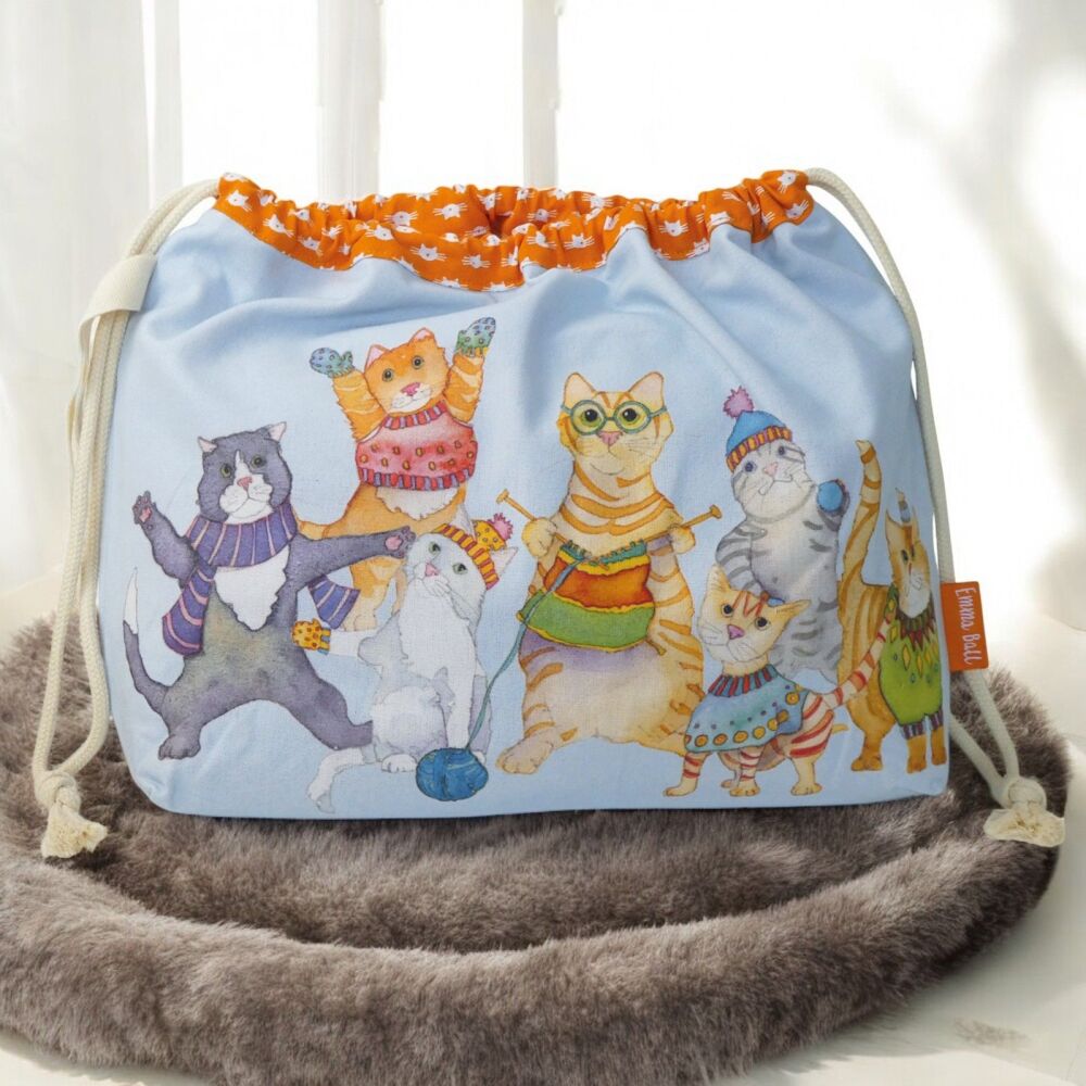 DRAWSTRING KNITTING BAG 'Kittens in Mittens' Design
