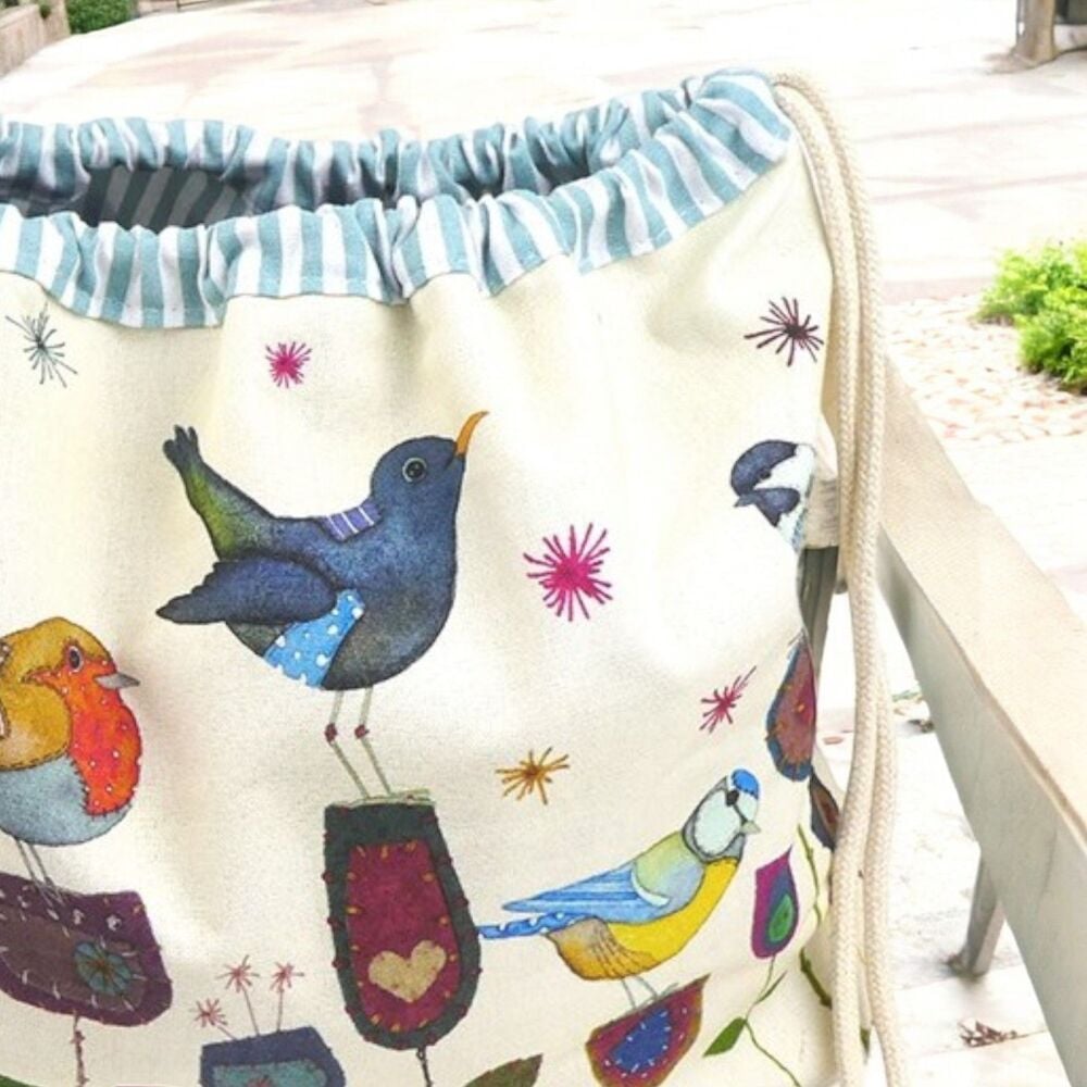 DRAWSTRING KNITTING BAG 'Stitched Birdies' Design