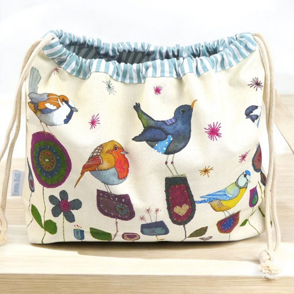 DRAWSTRING KNITTING BAG 'Stitched Birdies' Design