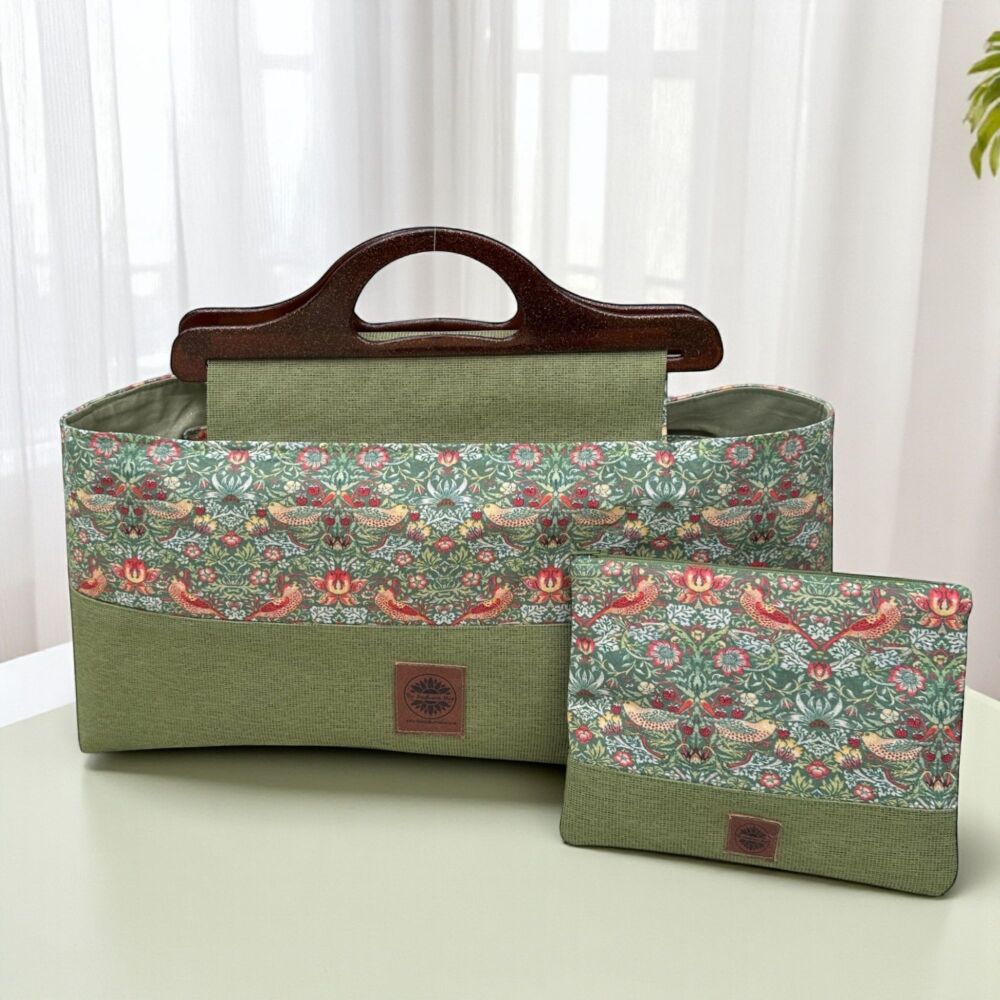Large Knitting Bag & Pouch – Green Canvas and William Morris Strawberry Thief Cotton Fabric
