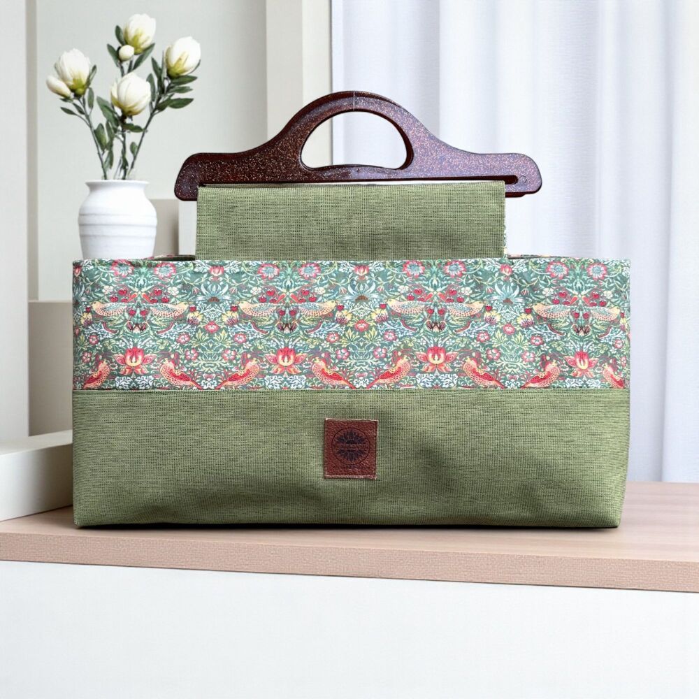 Large Knitting Bag & Pouch – Green Canvas and William Morris Strawberry Thief Cotton Fabric