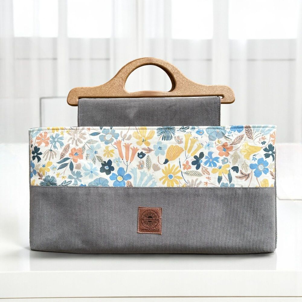 Large Knitting Bag & Pouch – Liberty Cotton Fabric & Blue Corduroy