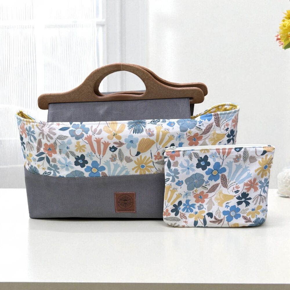 Large Knitting Bag & Pouch – Liberty Cotton Fabric & Blue Corduroy