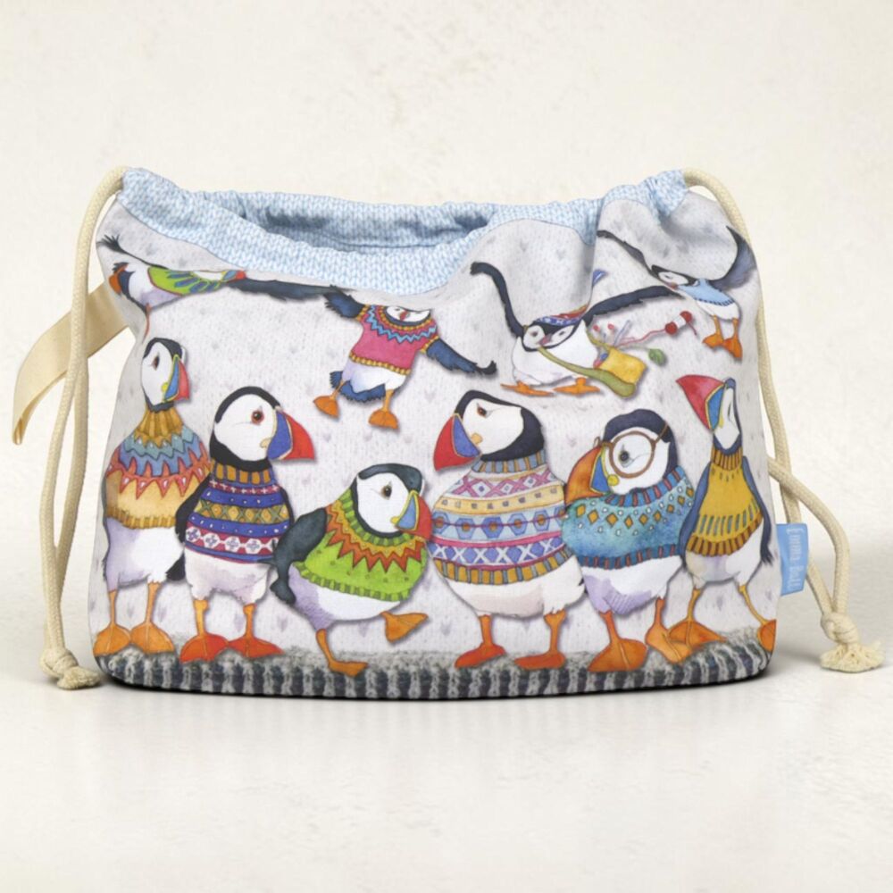 DRAWSTRING KNITTING BAG 'Woolly Puffins' Design