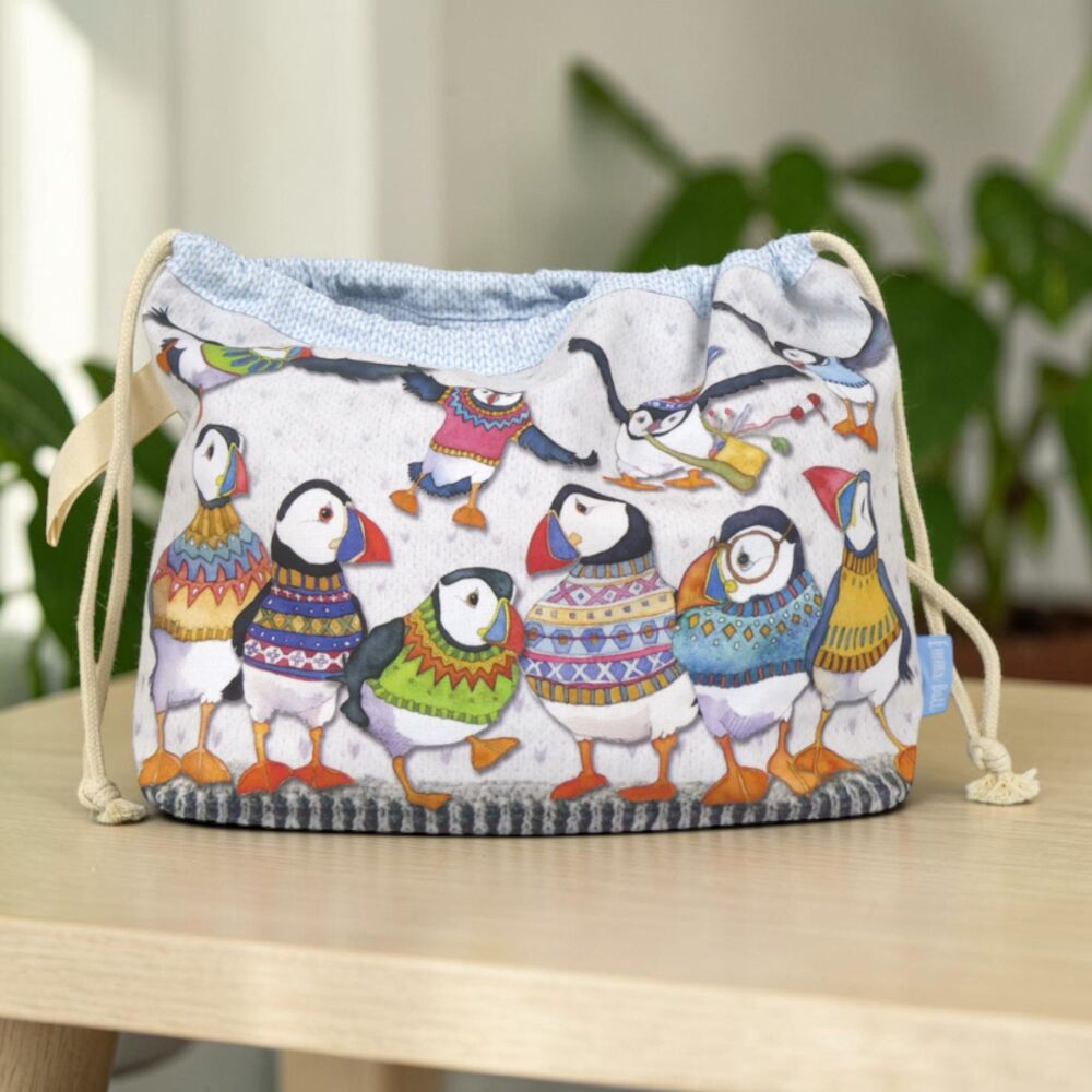 DRAWSTRING KNITTING BAG 'Woolly Puffins' Design