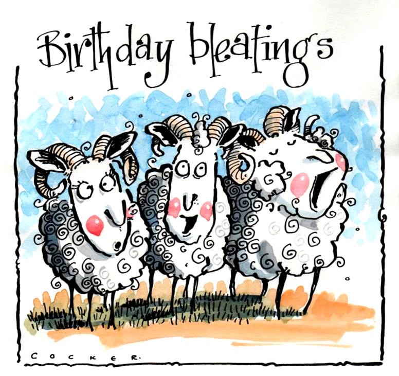 Birthday Card with 3 cartoon sheep with caption Birthday Bleating