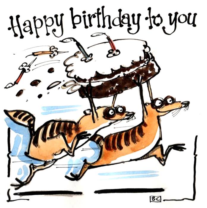 Birthday Card 2 meerkats carrying Birthday cake with the caption Happy Birt