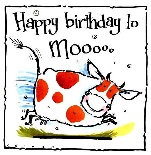 Happy Birthday To Moo card with frolicking spotted cow.