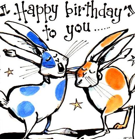 Rabbit Birthday Card with cartoon dancing rabbits