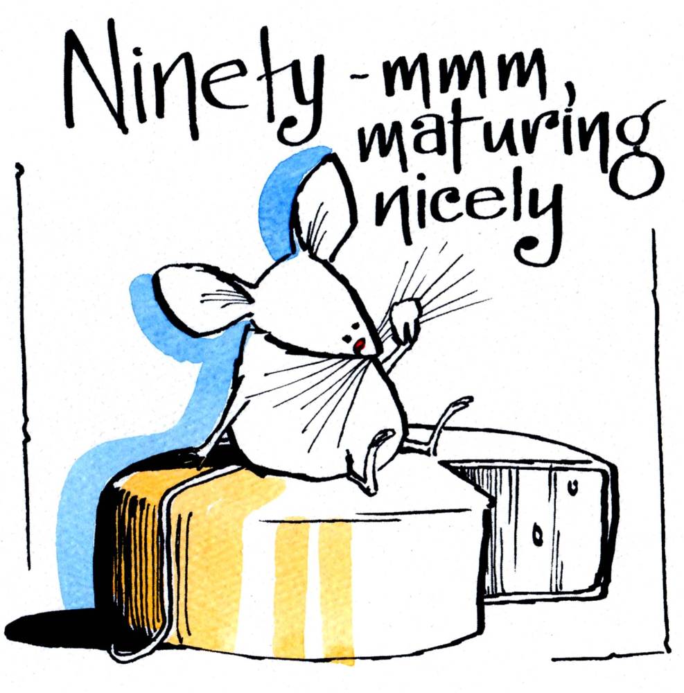 90th Birthday Card cartoon mouse & cheese  caption Ninety  Maturing Ni