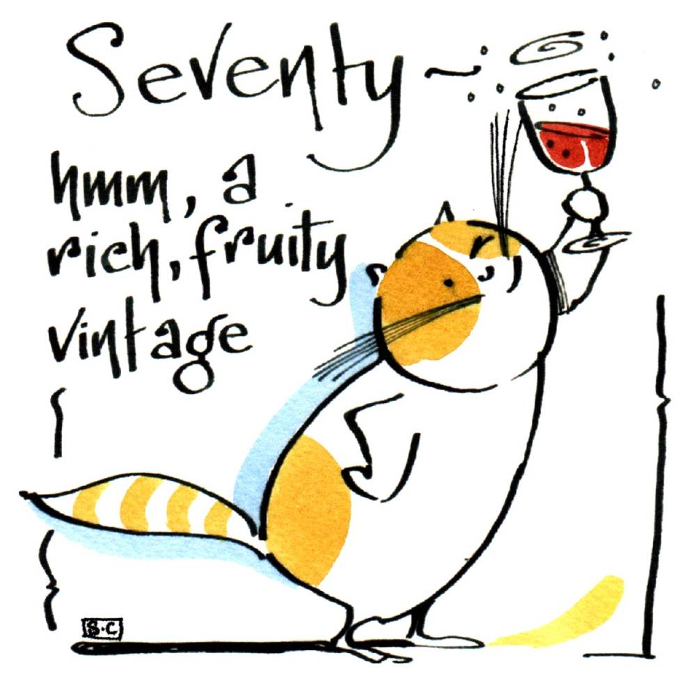 70th Birthday/Anniversary card with cartoon cat with a glass of wine and th