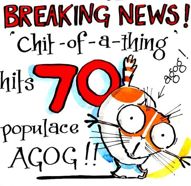 Amusing Cat 70th Birthday card with cartoon cat & caption: 70 Breaking News