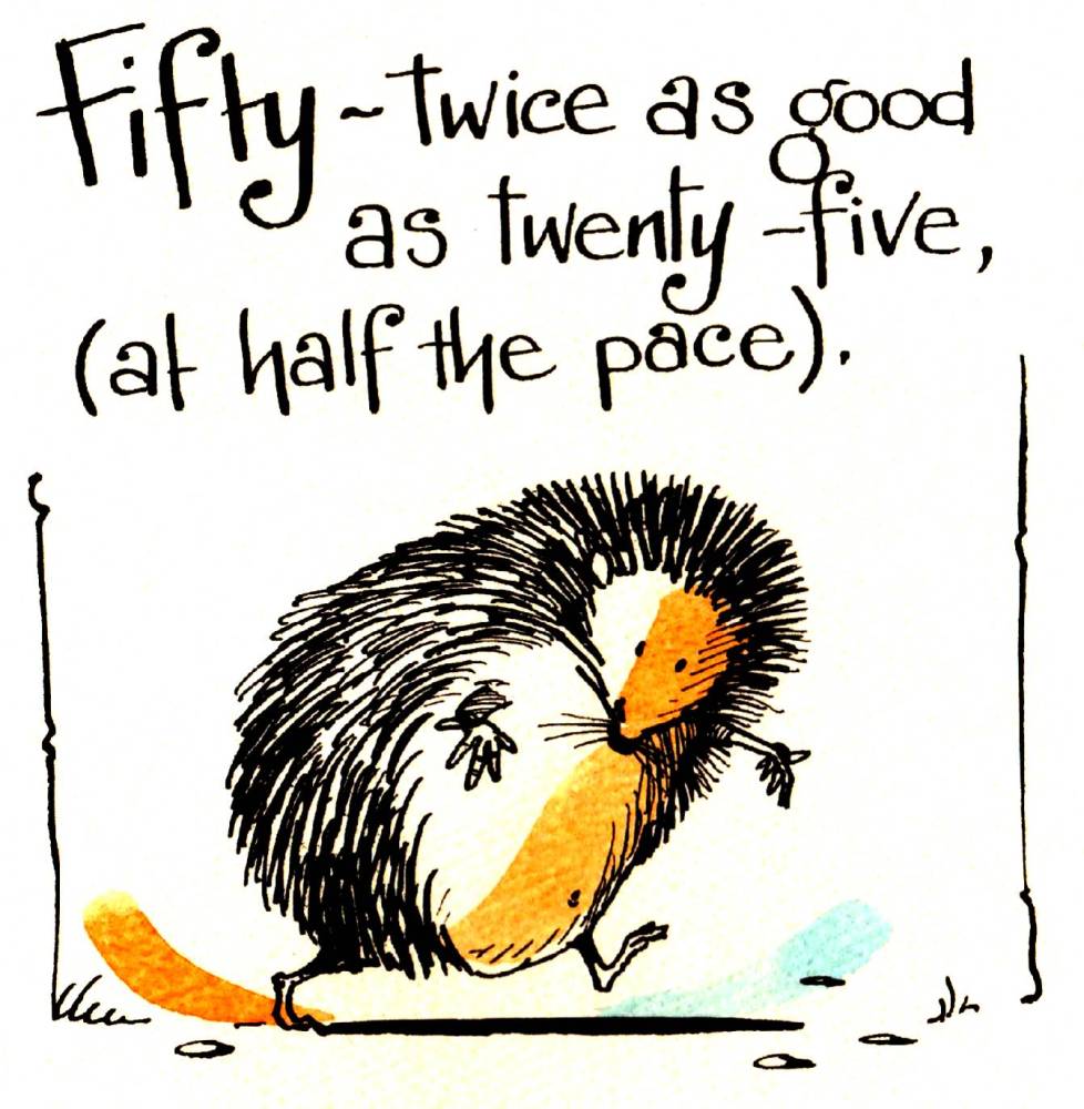 Funny Hedgehog 50th Birthday card cartoon hedgehog with the caption:50 Twic