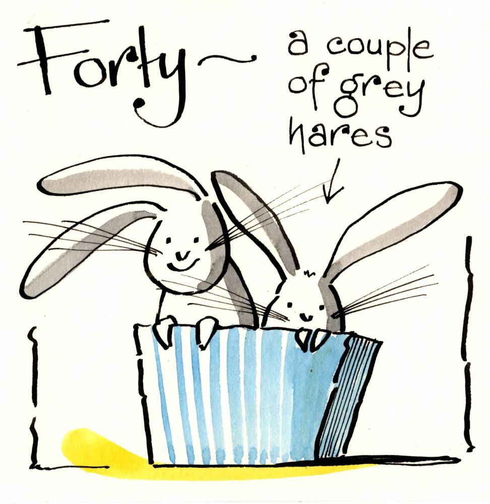 40th Birthday card with 2 hares in a box and the caption: 40 A Couple Of Gr