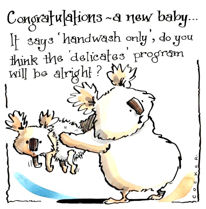 Funny New Baby Card.  Cartoon Koala Mum/Dad & Baby with caption: It Says Ha